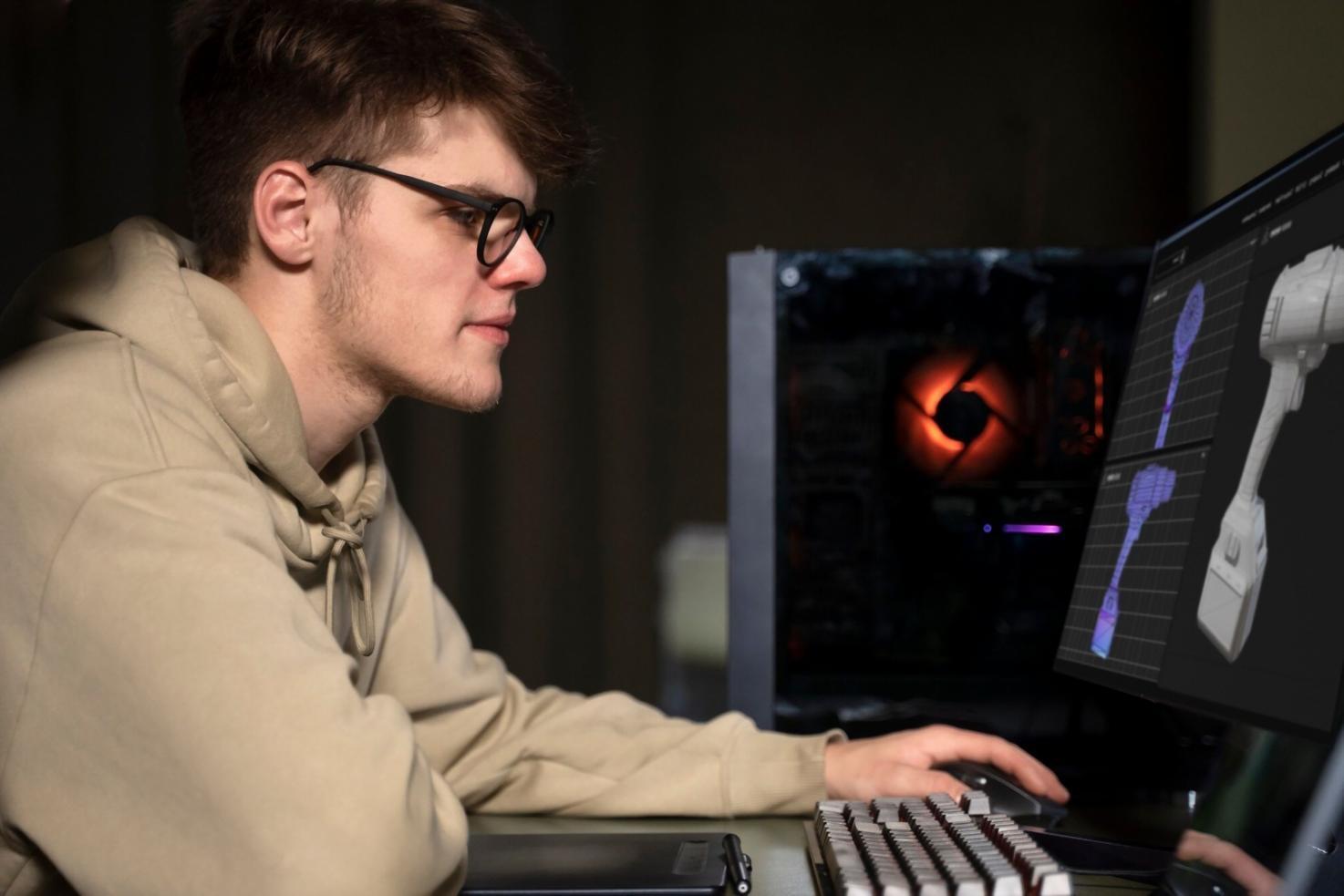 Students working on interactive game mechanics development in classroom setting